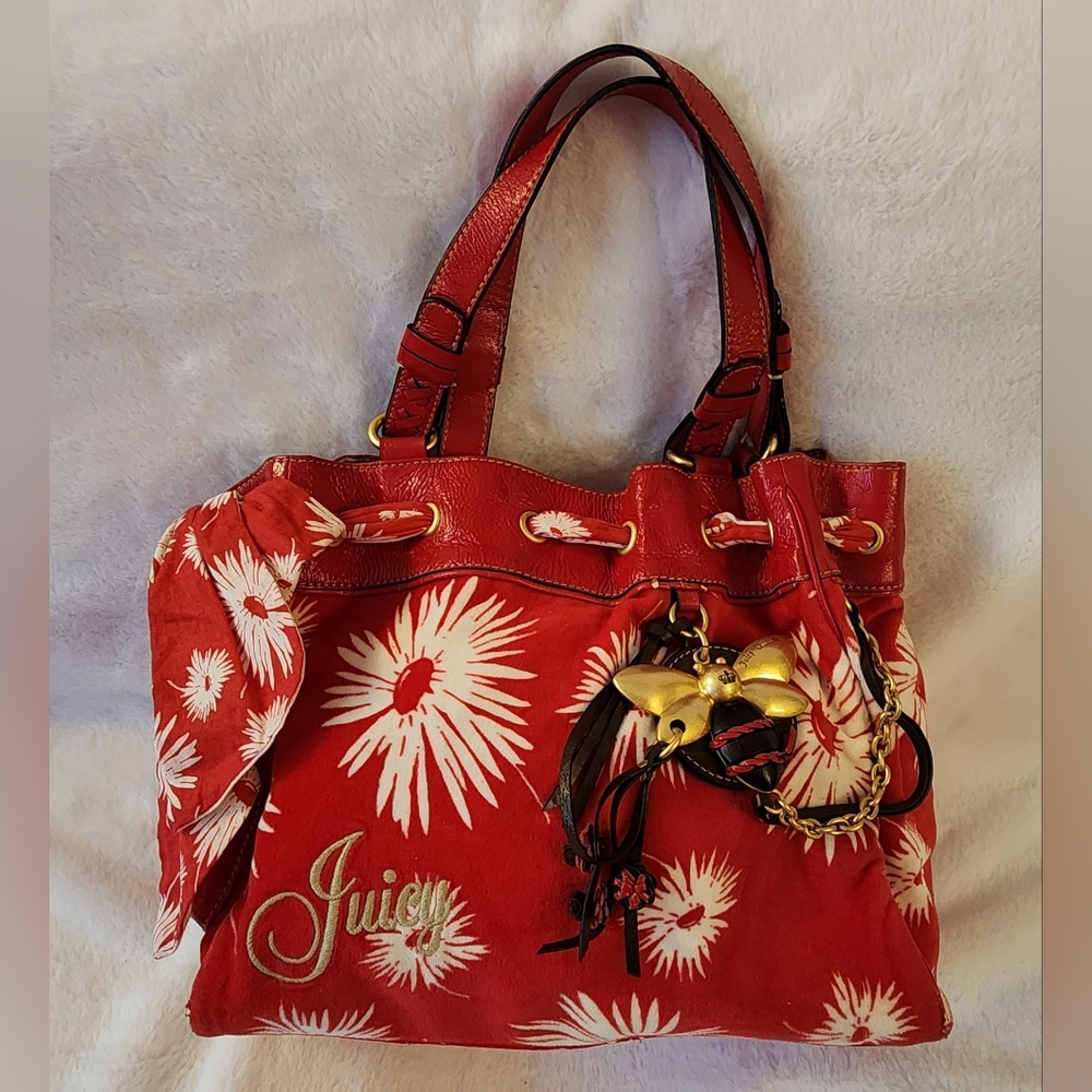 Vintage Juicy Couture Red Poinsetta Velour Daydreamer Bag with Bee Charm